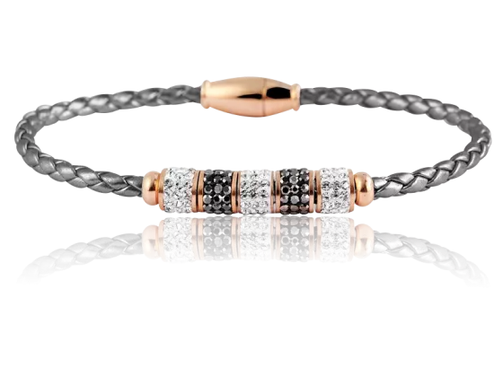 Braided bracelet leather grey with rhinestone beads