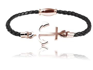 Braided bracelet leather black with anchor